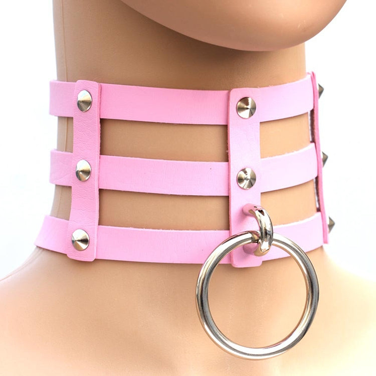 Harajuku Fashion Punk Gothic Rivets Collar Hand 3-rows Caged Leather Collar Necklace, (Silver), (Green), (Red+Yellow+Red), (White+Dark Blue+Red), (Baby Blue), (Gold), (Baby Blue+White+Baby Blue), (Red+White+Green), (Dark Blue+White+Red), (Red+White+Red...