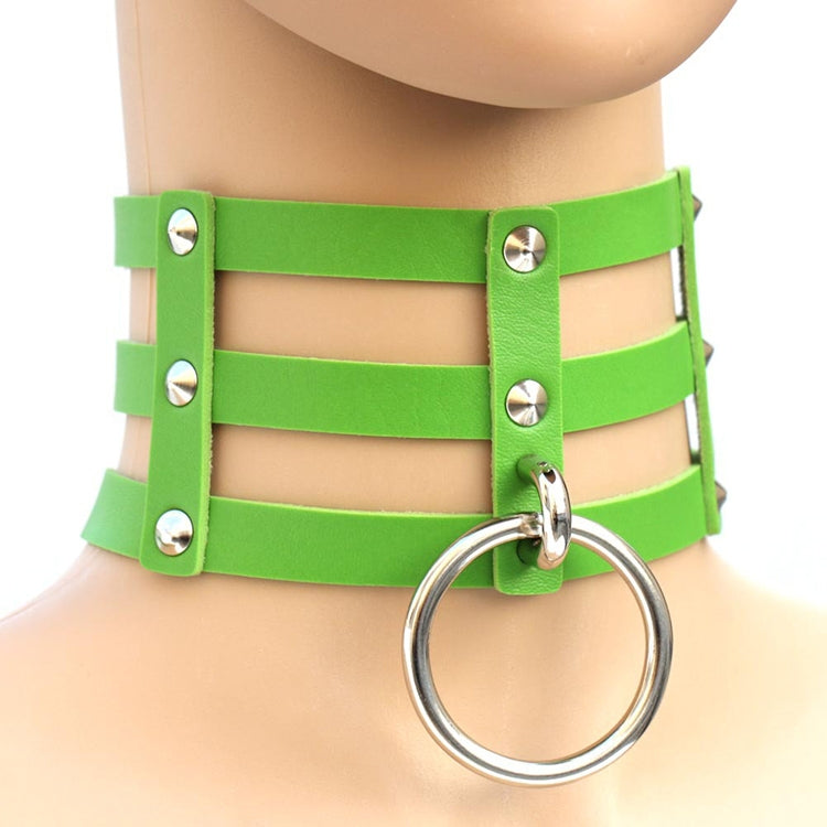 Harajuku Fashion Punk Gothic Rivets Collar Hand 3-rows Caged Leather Collar Necklace, (Silver), (Green), (Red+Yellow+Red), (White+Dark Blue+Red), (Baby Blue), (Gold), (Baby Blue+White+Baby Blue), (Red+White+Green), (Dark Blue+White+Red), (Red+White+Red...