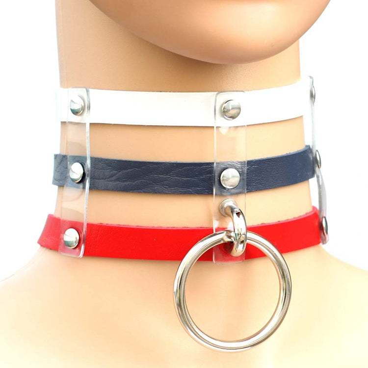 Harajuku Fashion Punk Gothic Rivets Collar Hand 3-rows Caged Leather Collar Necklace, (Silver), (Green), (Red+Yellow+Red), (White+Dark Blue+Red), (Baby Blue), (Gold), (Baby Blue+White+Baby Blue), (Red+White+Green), (Dark Blue+White+Red), (Red+White+Red...