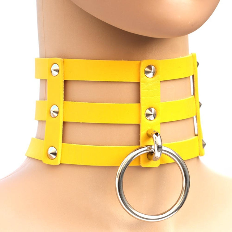 Harajuku Fashion Punk Gothic Rivets Collar Hand 3-rows Caged Leather Collar Necklace, (Silver), (Green), (Red+Yellow+Red), (White+Dark Blue+Red), (Baby Blue), (Gold), (Baby Blue+White+Baby Blue), (Red+White+Green), (Dark Blue+White+Red), (Red+White+Red...