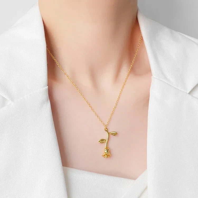 Valentines Day Gift Rose Flower Pendant Jewelry Chain Necklace, Chain Length: 45cm