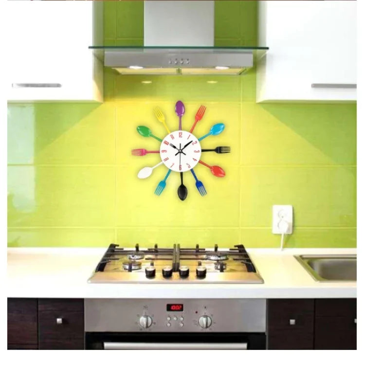 Cutlery Metal Kitchen Wall Clock Spoon Fork Creative Quartz Wall Mounted Clocks Modern Design Decorative Horloge, Silver, Silver