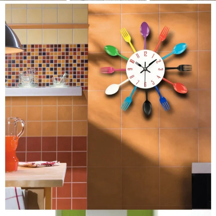 Cutlery Metal Kitchen Wall Clock Spoon Fork Creative Quartz Wall Mounted Clocks Modern Design Decorative Horloge, Silver, Silver