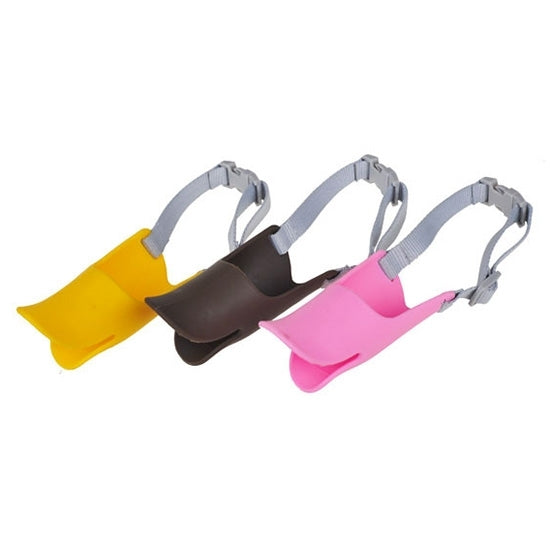 Cute dog silicone muzzle in yellow, brown, and pink colors, perfect for pet dogs, size M.