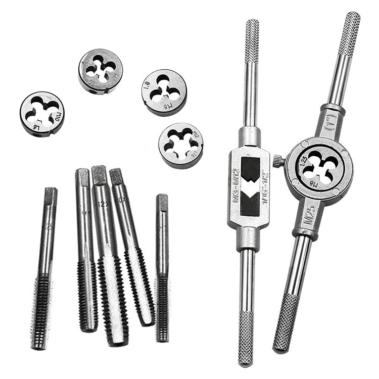 12 PCS Multi-specification Tap and Die Combination Set Hand Metric Wire Tapping Wrench Winch, 12 PCS