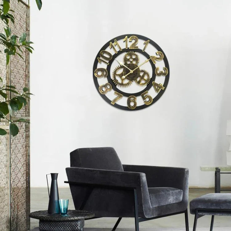 Retro Wooden Round Single-sided Gear Clock Number Wall Clock, Diameter: 40cm, Number 40cm, Number 40cm (Silver)