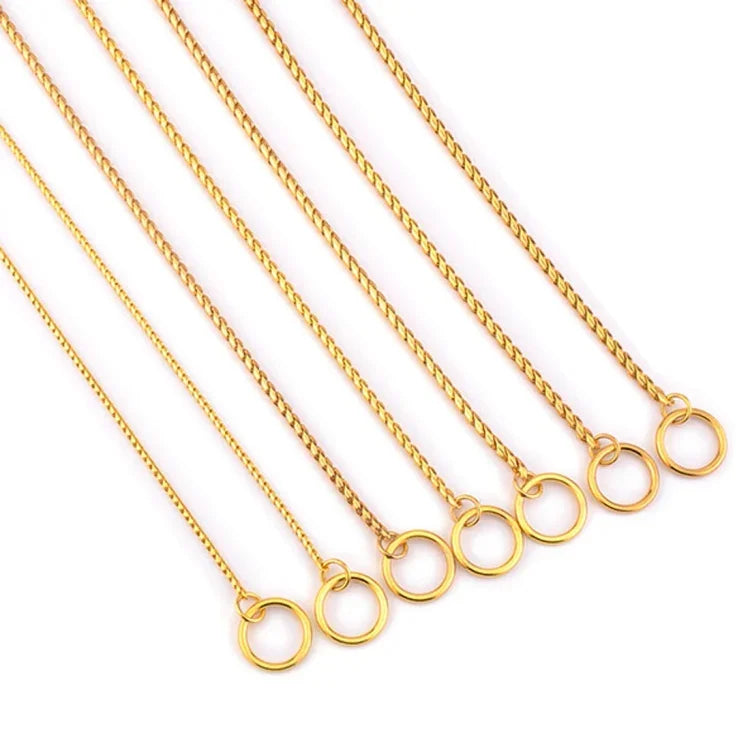 Solid metal dog collar accessories with durable golden chains, suitable for various pet collars and neck straps.