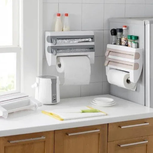 Kitchen Wall Mounted Cling Film Holder Wrap Storage Rack Hanger Rack Cutting Device, Size: 39 x 10 x 24cm, Grey