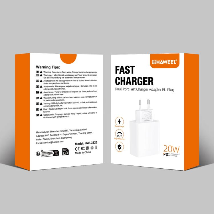 HAWEEL 20W Dual-Port Fast Charger Adapter, EU Plug, Dual-Port Charger EU Plug