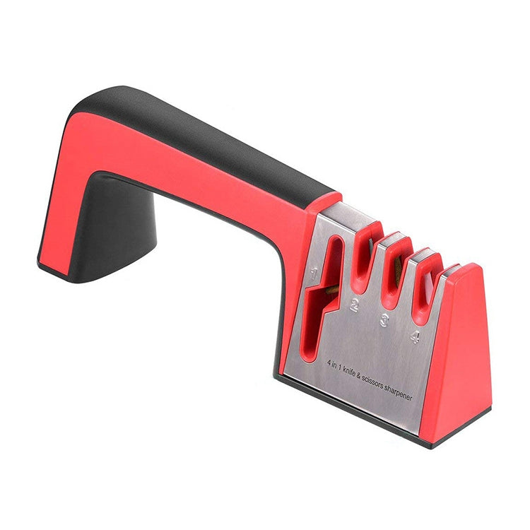 4 in 1 Stainless Steel Knife Sharpener Four Section Hand-held Quick Sharpening Tool with Non Slip Handle, 4 in 1 (Red), 4 in 1 (Black)