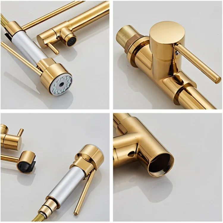 Copper Pull Type Large Spring Double Outlet Kitchen Sink Hot Cold Faucet, Gold