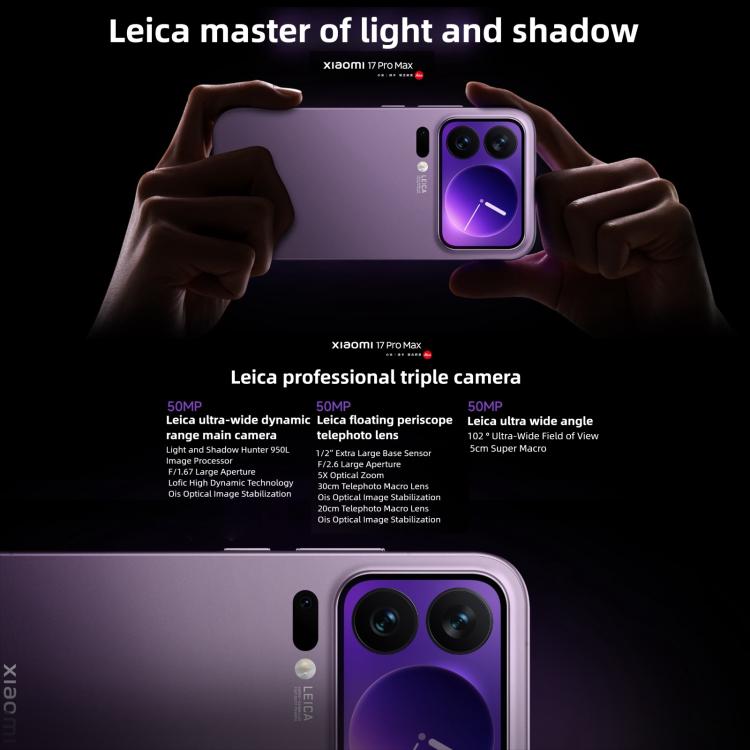 Xiaomi 17 Pro Max, 16GB+1TB, 3D Ultrasonic Fingerprint, 6.9 inch + 2.9 inch Xiaomi HyperOS 3 Snapdragon 8 Elite Gen 5 Octa Core, NFC, Network: 5G, 16GB+1TB