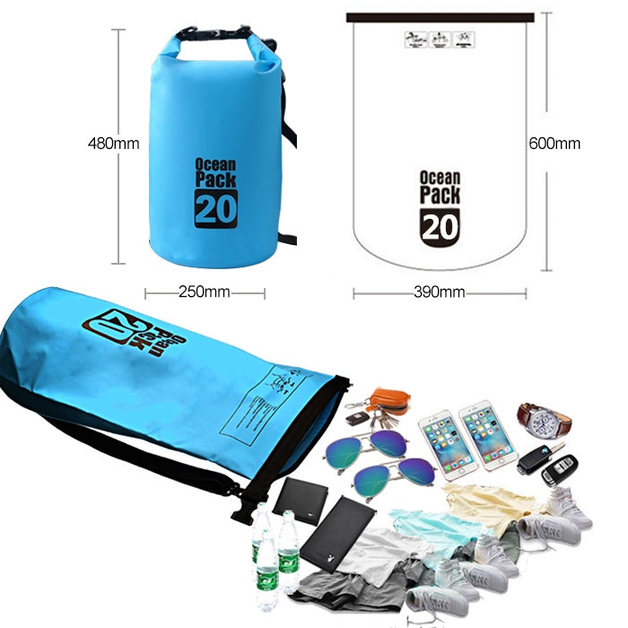 Outdoor Waterproof Double Shoulder Bag Dry Sack PVC Barrel Bag, Capacity: 20L, Capacity: 20L (Sky Blue), Capacity: 20L (Yellow), Capacity: 20L (Black), Capacity: 20L (Dark Blue), Capacity: 20L (Orange), Capacity: 20L (Pink), Capacity: 20L (Green)