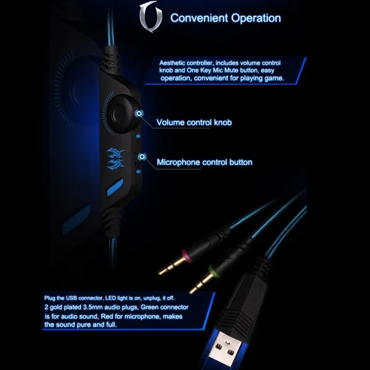 KOTION EACH G2000 Over-ear Game Gaming Headphone Headset Earphone Headband with Mic Stereo Bass LED Light for PC Gamer,Cable Length: About 2.2m(White + Red), G2000