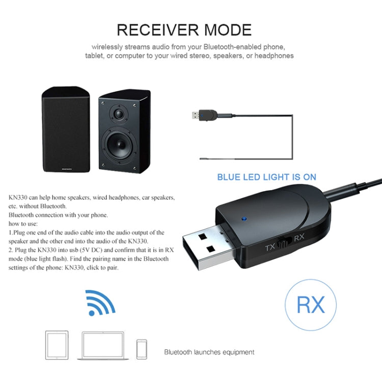 KN330 3 in 1 USB Bluetooth 5.0 Adapter Audio Transmitter Receiver with Switch Button & 3.5mm AUX Interface, KN330