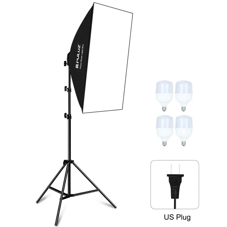 PULUZ 50x70cm Studio Softbox + 2m Tripod Mount + 4 x 220V E27 20W 5700K White Light LED Light Bulb Photography Lighting Kit, 4 x Bulb EU Plug, 4 x Bulb US Plug