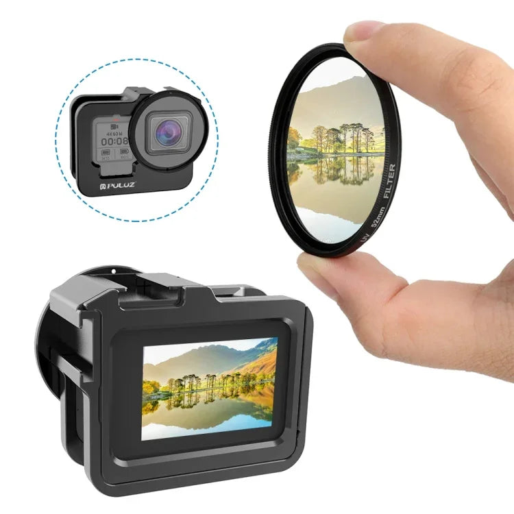PULUZ for GoPro HERO13 Black /12 Black /11 Black /10 Black /9 Black Thicken Housing Shell CNC Aluminum Alloy Protective Cage with Insurance Frame & 52mm UV Lens, For GoPro HERO9 Black Thicken