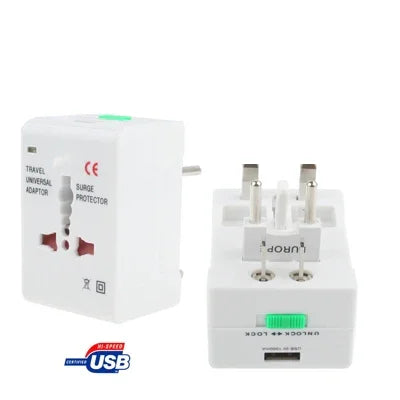 Universal US / EU / AU / UK Travel AC Power Adaptor Plug with USB Charger Socket, With USB Port