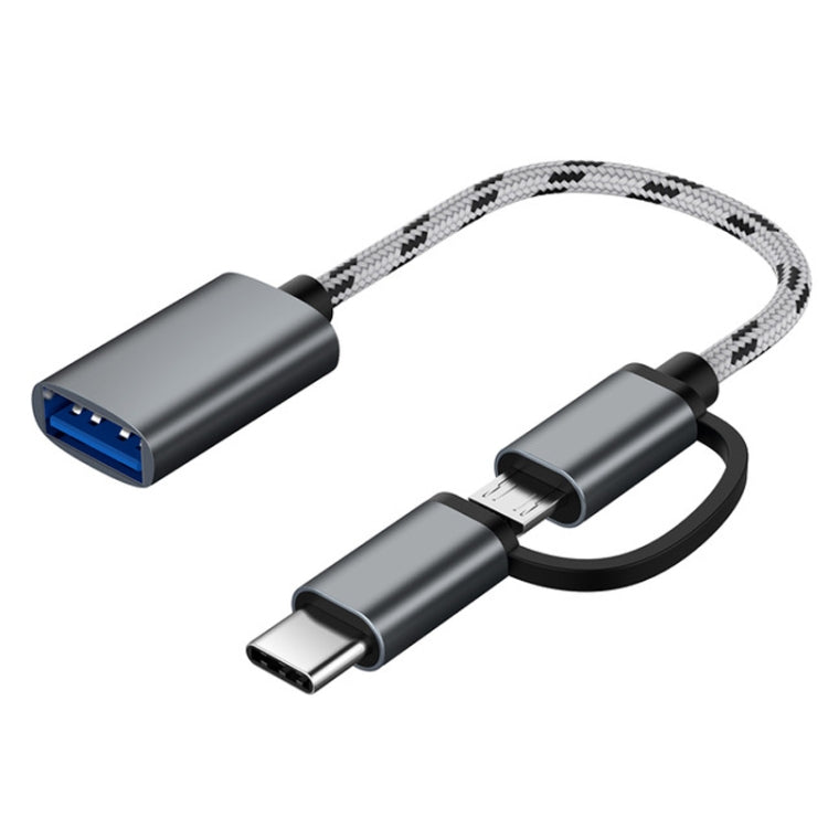USB 3.0 Female to Micro USB + USB-C / Type-C Male Charging + Transmission OTG Nylon Braided Adapter Cable, Cable Length: 17cm, Micro USB 17cm Grey, Micro USB 17cm Gold