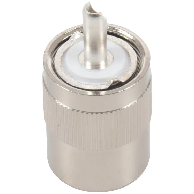 UHF Male PL259 / SO239 twist-on RFC400 RG8 RF coaxial card connector in metal, 4x2cm size, silver color.