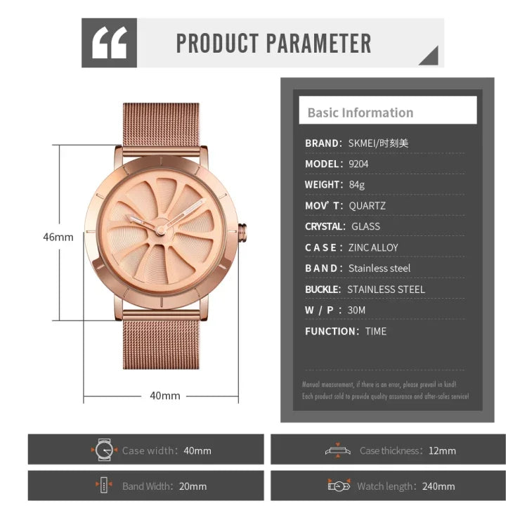SKMEI 9204 Fashion Skeleton Rotating Dial Waterproof Business Mesh Belt Quartz Watch Men Watch