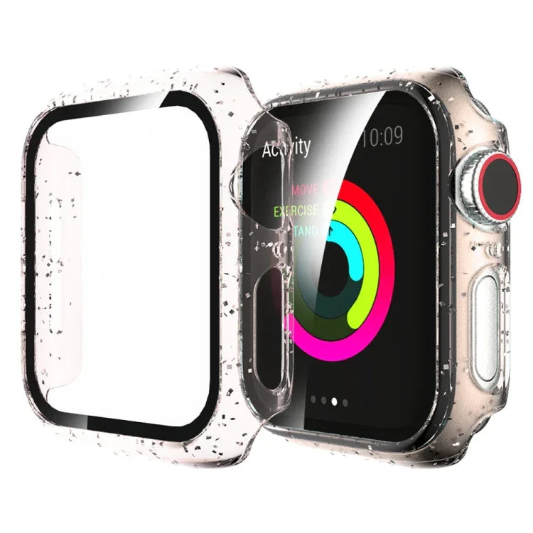 For Apple Watch Series 4/5/6 & SE 1/2/3 44mm Glitter Powder PC + Tempered Glass Screen Film Integrated Case