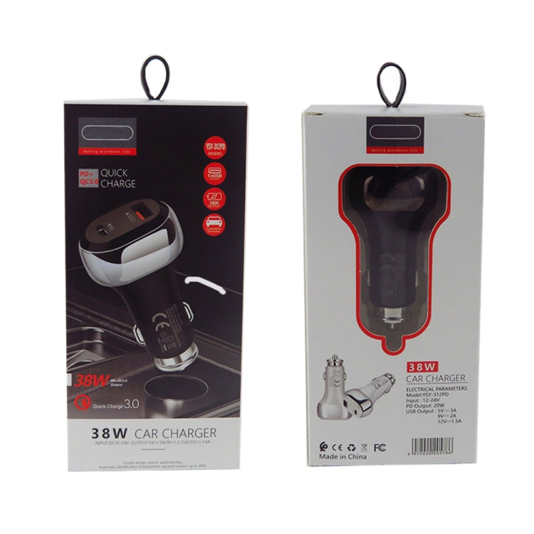 YSY-312PD QC3.0 18W USB + PD 20W USB-C / Type-C Car Charger with Type-C to Type-C Data Cable, PD 20W with Type-C to Type-C Cable