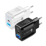 PD25W USB-C / Type-C + QC3.0 USB Dual Ports Fast Charger with USB to 8 Pin Data Cable, EU Plug, EU Plug + USB to 8 Pin Cable