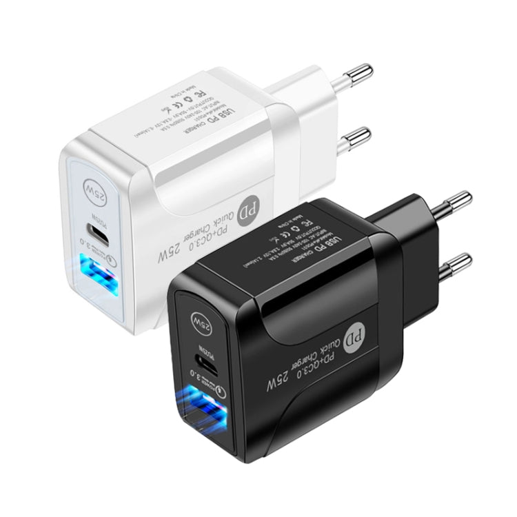 PD25W USB-C / Type-C + QC3.0 USB Dual Ports Fast Charger with USB-C to USB-C Data Cable, EU Plug, EU Plug + USB-C to USB-C Cable