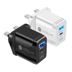 PD25W USB-C / Type-C + QC3.0 USB Dual Ports Fast Charger with USB-C to USB-C Data Cable, UK Plug, UK Plug + USB-C to USB-C Cable