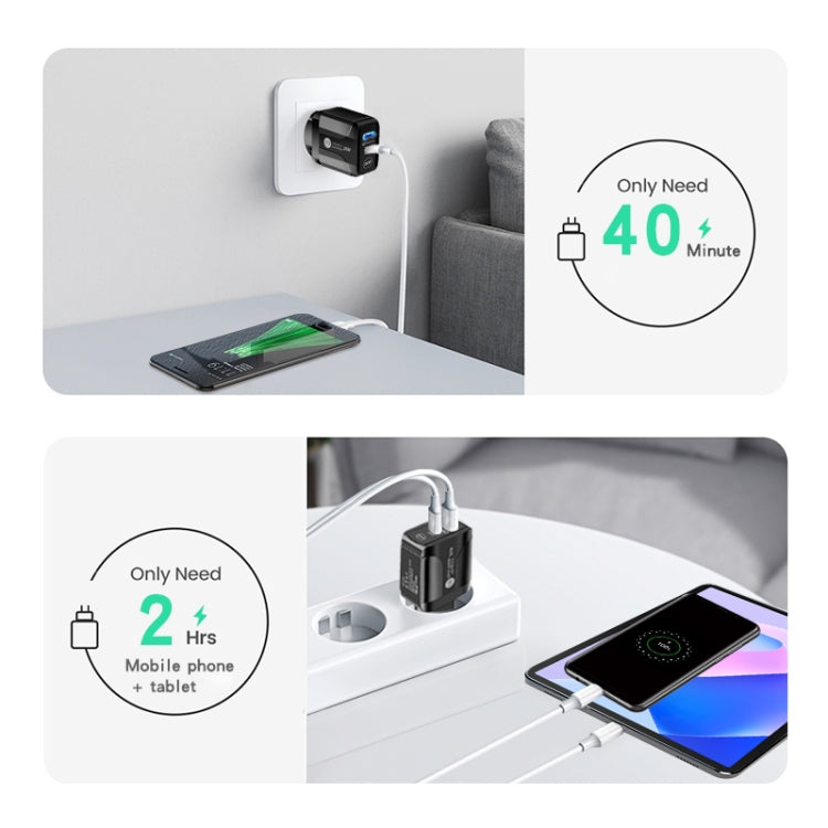 PD25W USB-C / Type-C + QC3.0 USB Dual Ports Fast Charger with USB-C to USB-C Data Cable, UK Plug, UK Plug + USB-C to USB-C Cable