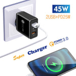 45W PD25W + 2 x QC3.0 USB Multi Port Charger with USB to 8 Pin Cable, EU Plug, EU Plug + USB to 8 Pin Cable
