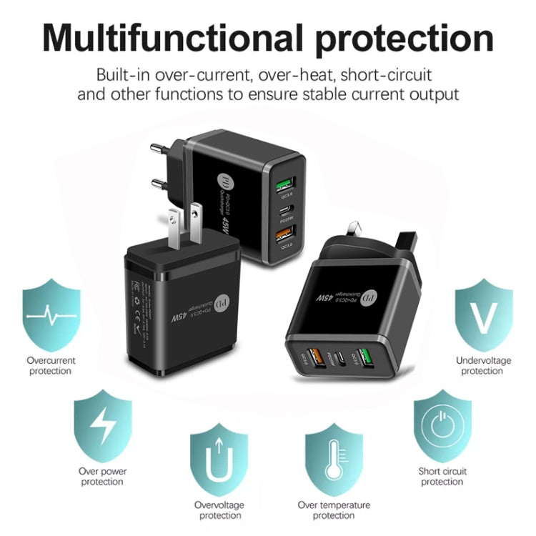 45W PD25W + 2 x QC3.0 USB Multi Port Charger with USB to 8 Pin Cable, EU Plug, EU Plug + USB to 8 Pin Cable