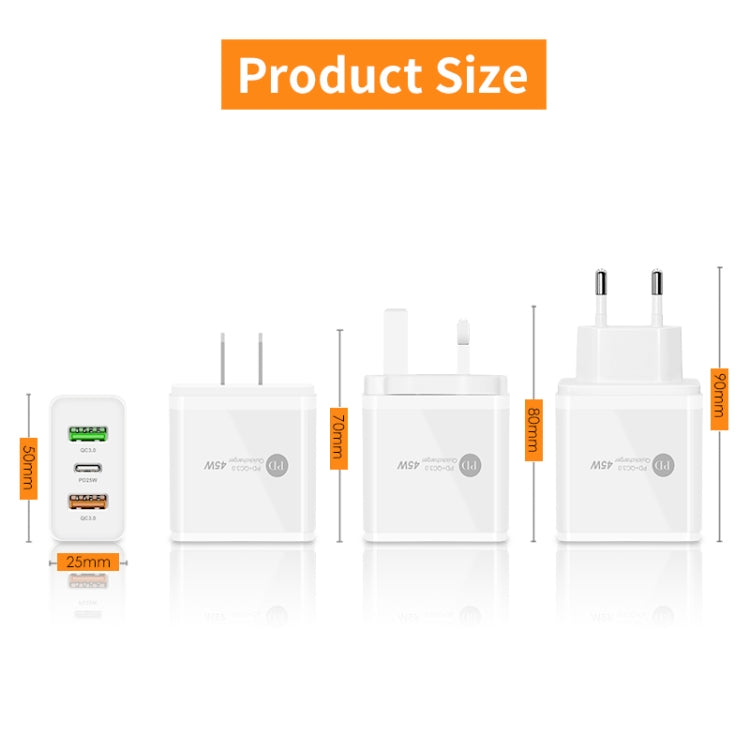 45W PD25W + 2 x QC3.0 USB Multi Port Charger with USB to 8 Pin Cable, EU Plug, EU Plug + USB to 8 Pin Cable