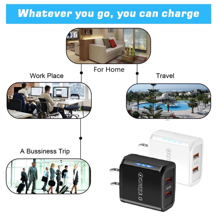36W Dual Port QC3.0 USB Charger with 3A USB to Type-C Data Cable, US Plug, US Plug + USB to Type-C Cable