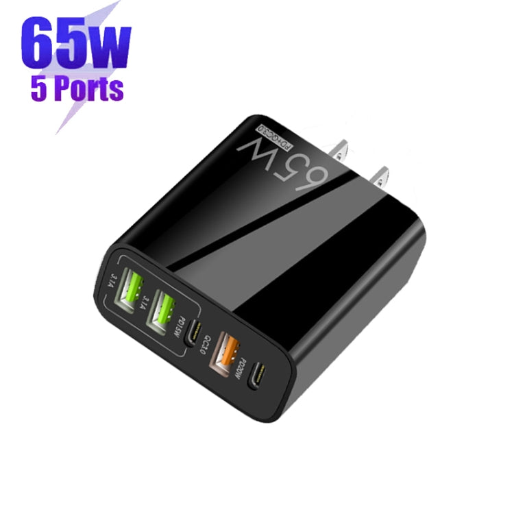 65W Dual PD Type-C + 3 x USB Multi Port Charger for Phone and Tablet PC, US Plug, US Plug