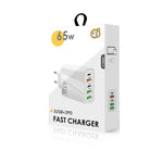 65W Dual PD Type-C + 3 x USB Multi Port Charger with 3A Type-C to 8 Pin Data Cable, EU Plug, EU Plug + Type-C to 8 Pin Cable