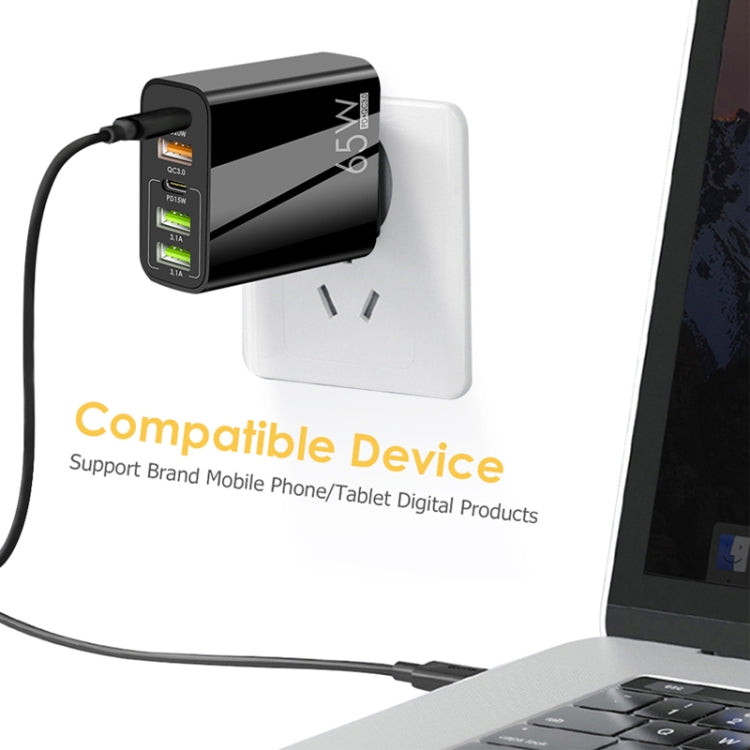 65W Dual PD Type-C + 3 x USB Multi Port Charger with 3A USB to 8 Pin Data Cable, EU Plug, EU Plug + USB to 8 Pin Cable