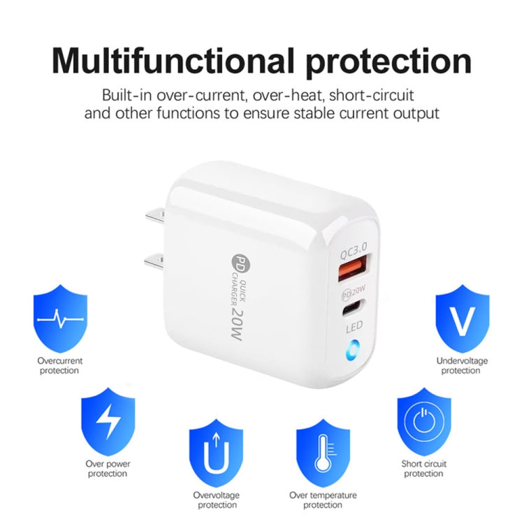 PD04 Type-C + USB Mobile Phone Charger with USB to 8 Pin Cable, US Plug, US Plug + USB to 8 Pin Cable