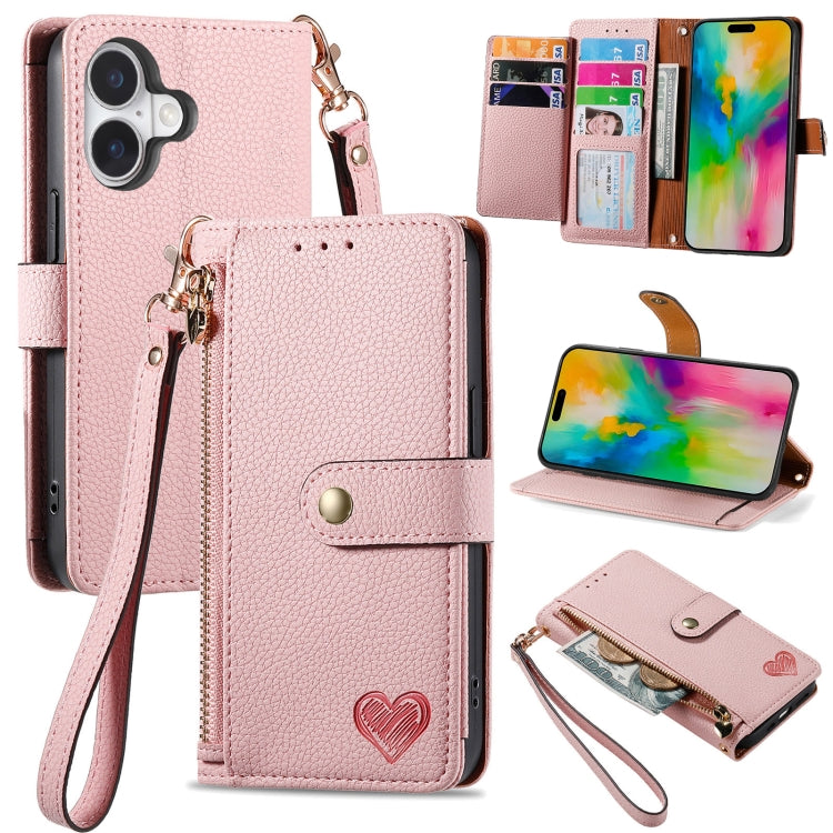 Love Zipper Lanyard Leather Phone Case, For iPhone 17e / 16e, For iPhone 17 Pro Max, For iPhone 17 Pro, For iPhone 17, For iPhone Air, For iPhone 16 Pro Max, For iPhone 16 Pro, For iPhone 16 Plus