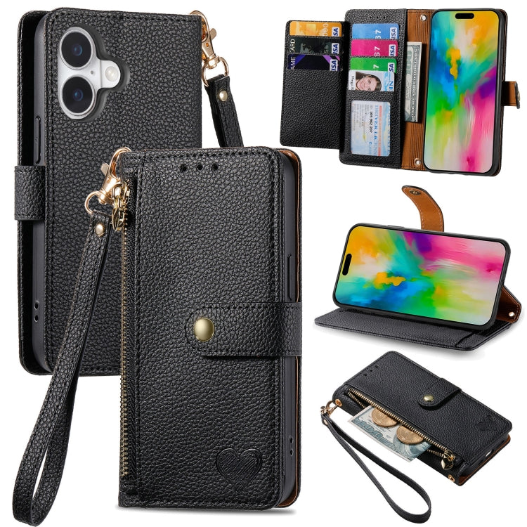 Love Zipper Lanyard Leather Phone Case, For iPhone 17e / 16e, For iPhone 17 Pro Max, For iPhone 17 Pro, For iPhone 17, For iPhone Air, For iPhone 16 Pro Max, For iPhone 16 Pro, For iPhone 16 Plus