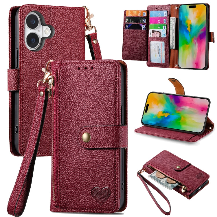 Love Zipper Lanyard Leather Phone Case, For iPhone 17e / 16e, For iPhone 17 Pro Max, For iPhone 17 Pro, For iPhone 17, For iPhone Air, For iPhone 16 Pro Max, For iPhone 16 Pro, For iPhone 16 Plus