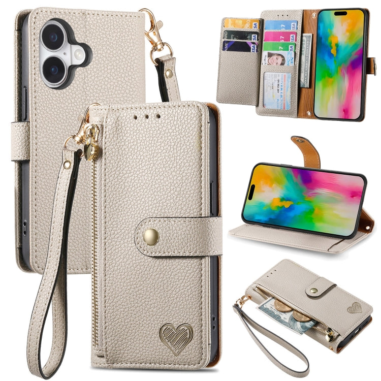 Love Zipper Lanyard Leather Phone Case, For iPhone 17e / 16e, For iPhone 17 Pro Max, For iPhone 17 Pro, For iPhone 17, For iPhone Air, For iPhone 16 Pro Max, For iPhone 16 Pro, For iPhone 16 Plus