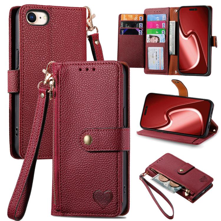 Love Zipper Lanyard Leather Phone Case, For iPhone 17e / 16e, For iPhone 17 Pro Max, For iPhone 17 Pro, For iPhone 17, For iPhone Air, For iPhone 16 Pro Max, For iPhone 16 Pro, For iPhone 16 Plus