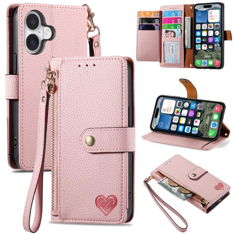 Love Zipper Lanyard Leather Phone Case, For iPhone 17e / 16e, For iPhone 17 Pro Max, For iPhone 17 Pro, For iPhone 17, For iPhone Air, For iPhone 16 Pro Max, For iPhone 16 Pro, For iPhone 16 Plus