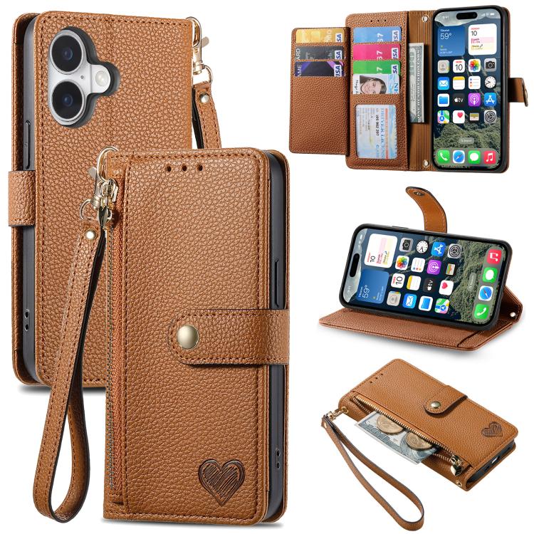 Love Zipper Lanyard Leather Phone Case, For iPhone 17e / 16e, For iPhone 17 Pro Max, For iPhone 17 Pro, For iPhone 17, For iPhone Air, For iPhone 16 Pro Max, For iPhone 16 Pro, For iPhone 16 Plus
