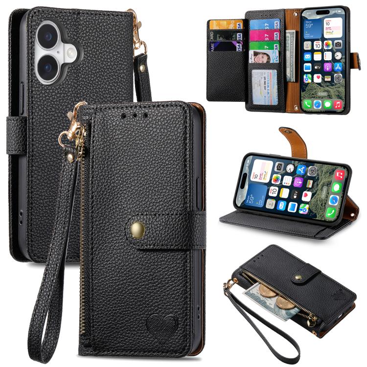 Love Zipper Lanyard Leather Phone Case, For iPhone 17e / 16e, For iPhone 17 Pro Max, For iPhone 17 Pro, For iPhone 17, For iPhone Air, For iPhone 16 Pro Max, For iPhone 16 Pro, For iPhone 16 Plus