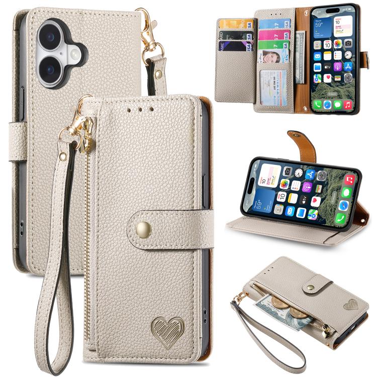 Love Zipper Lanyard Leather Phone Case, For iPhone 17e / 16e, For iPhone 17 Pro Max, For iPhone 17 Pro, For iPhone 17, For iPhone Air, For iPhone 16 Pro Max, For iPhone 16 Pro, For iPhone 16 Plus