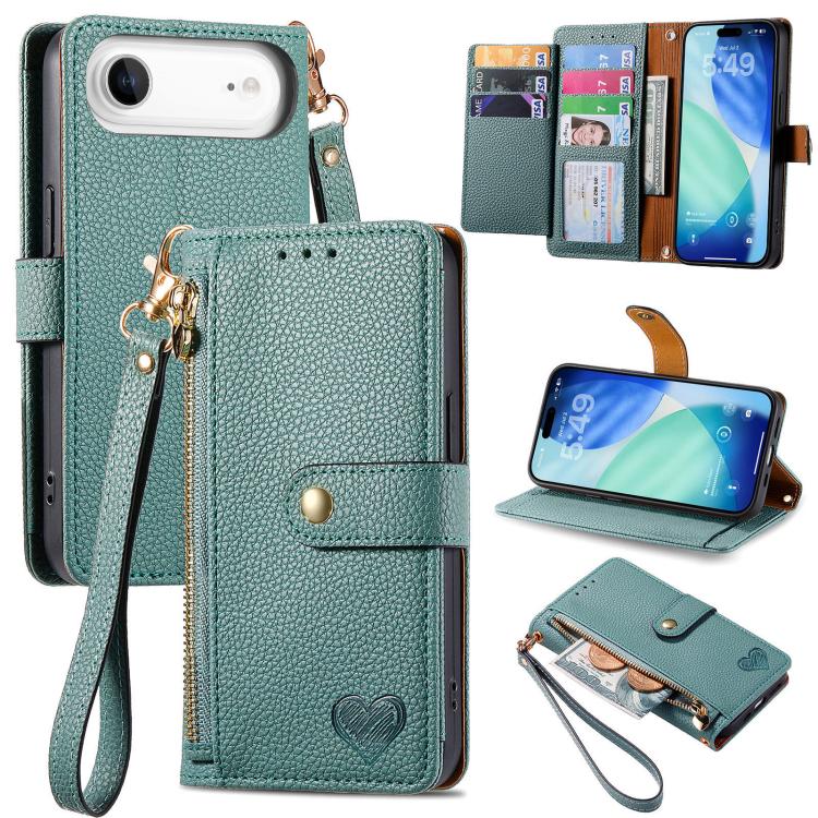 Love Zipper Lanyard Leather Phone Case, For iPhone 17e / 16e, For iPhone 17 Pro Max, For iPhone 17 Pro, For iPhone 17, For iPhone Air, For iPhone 16 Pro Max, For iPhone 16 Pro, For iPhone 16 Plus