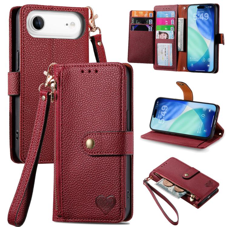 Love Zipper Lanyard Leather Phone Case, For iPhone 17e / 16e, For iPhone 17 Pro Max, For iPhone 17 Pro, For iPhone 17, For iPhone Air, For iPhone 16 Pro Max, For iPhone 16 Pro, For iPhone 16 Plus